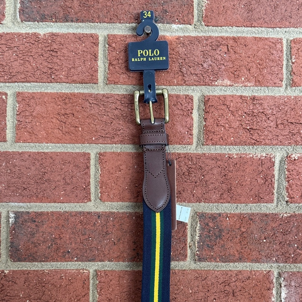 Polo by Ralph Lauren Navy, Yellow & Green Striped Belt with Cow Leather Belt